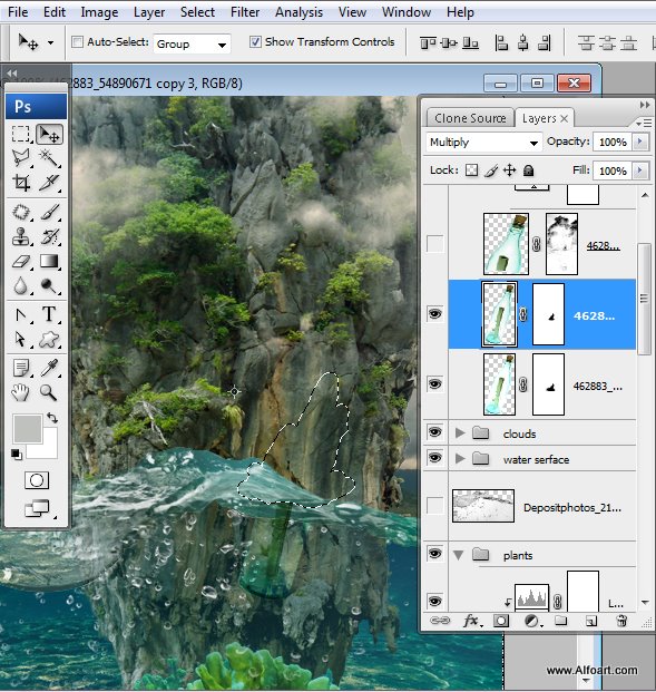 Message in a Bottle, bottle splashing in waves, Rough Water Surface, copy space, james bond island, close up of water wave, bubbles, tropic landscape, sea, ocean corals, seascape photomanipulation.